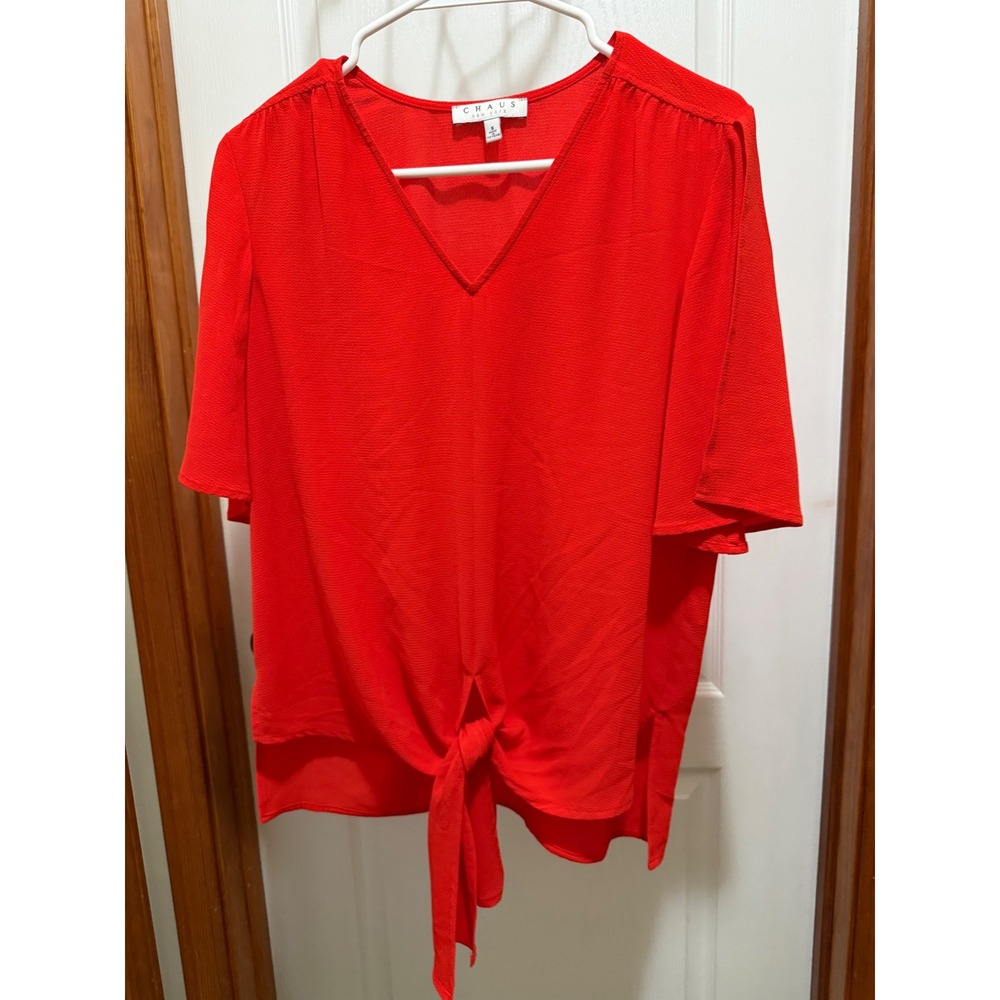 Chaus New York Womens Red V-Neck Tie Front Short Sleeve Crepe Blouse Small
